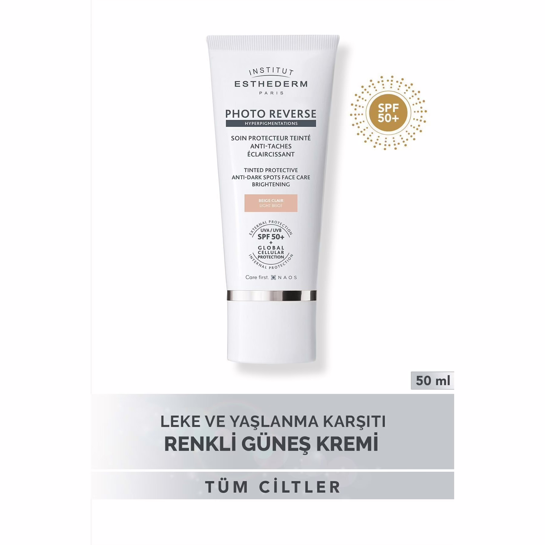 Photo Reverse Tinted Light Beige Leke Karşıtı UVA/UVB SPF50+ Yüksek Korumalı Renkli Güneş Kremi 50ML