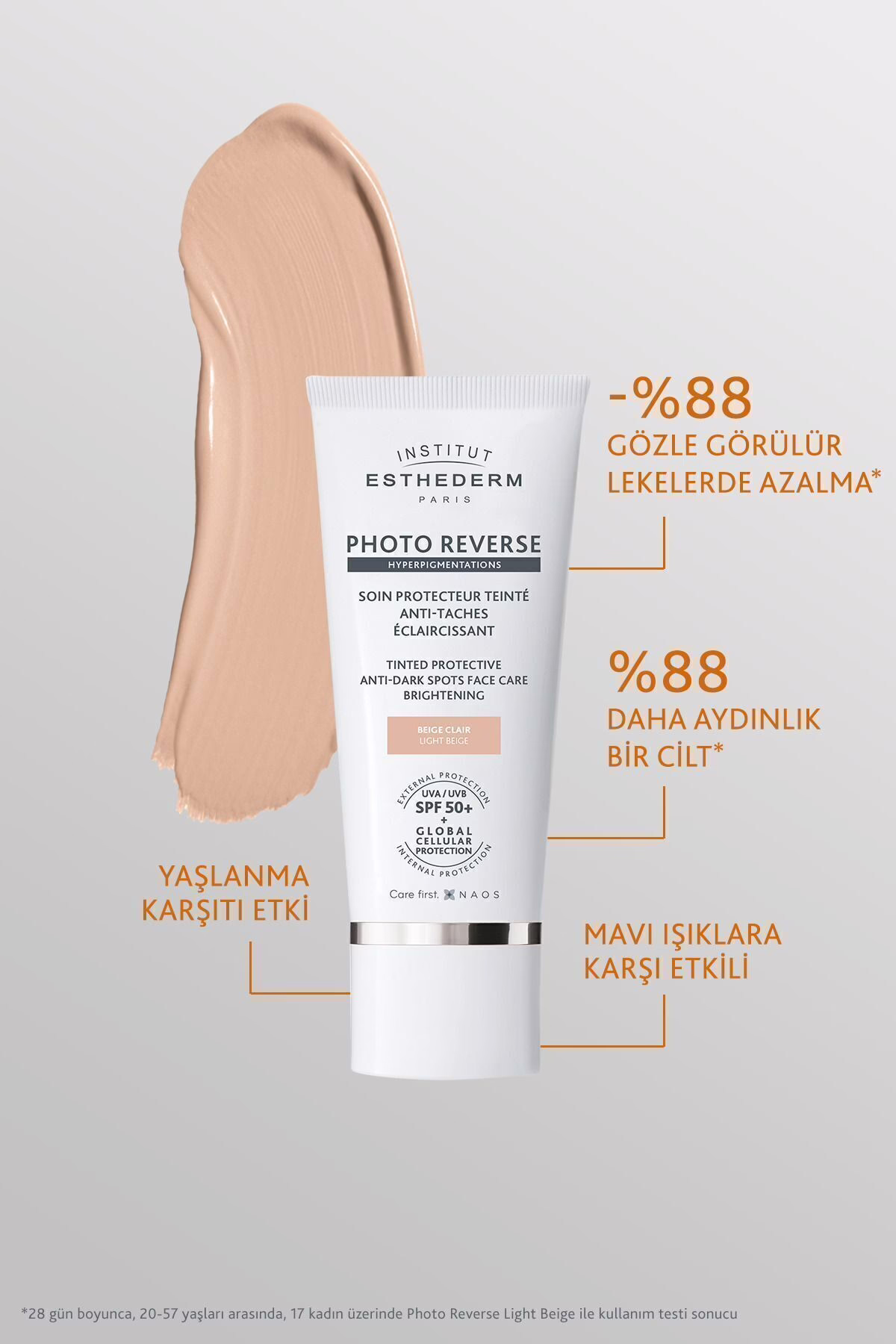Photo Reverse Tinted Light Beige Leke Karşıtı UVA/UVB SPF50+ Yüksek Korumalı Renkli Güneş Kremi 50ML